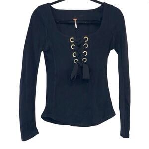 Free People Black Lace-Up Ribbed Long Sleeve Top XS Corset Style Boho Fitted